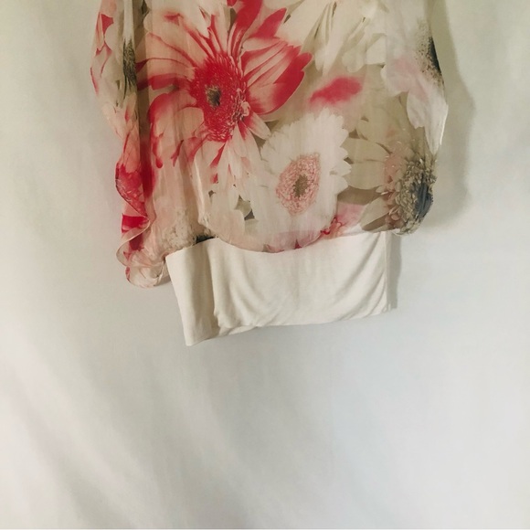 Silk Blouse Flower Print Pink White Size Large Butterfly Sleeve - Picture 7 of 10